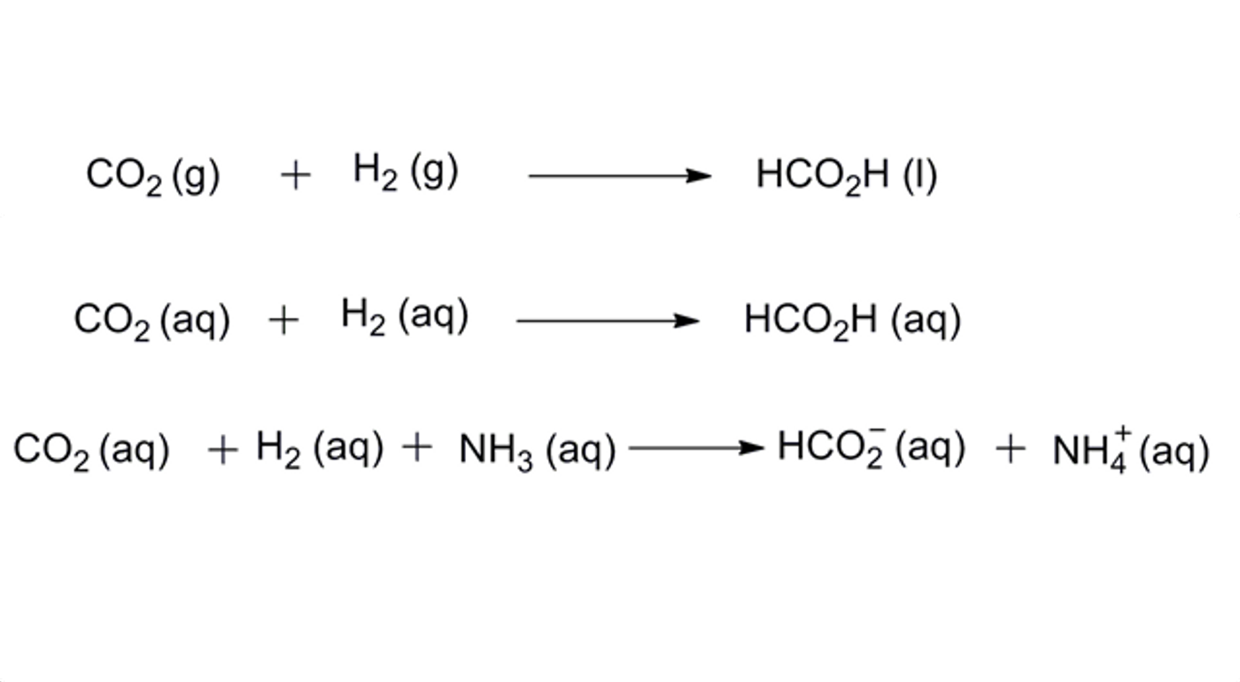 Chemical reaction of carbon dioxide reduction into formate (Wang and Himeda, 2012)