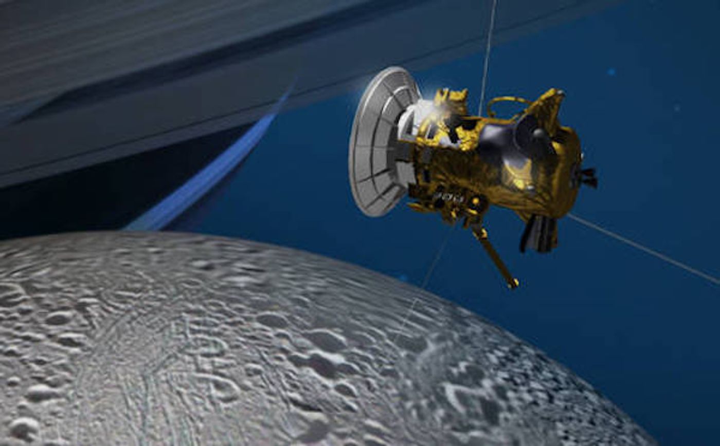 Artist's conception of Cassini's flyby of Enceladus 