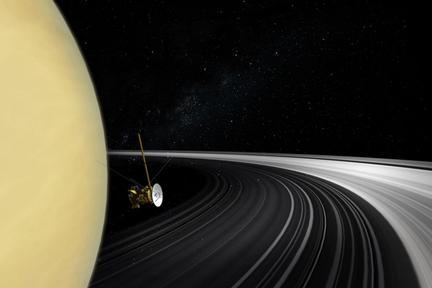 An artist's impression of the Cassini spacecraft in between Saturn and its planetary rings.