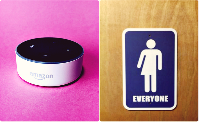 Image of Alexa and gender-neutral bathroom sign: Stock Catalog on Flickr and Naja Lightfoot on Instagram