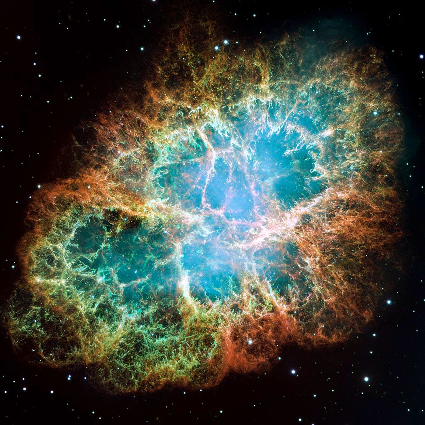 Image of the supernova remnant, Crab Nebula, which lies approximately 6,700 light-years from Earth. (Credit: NASA, ESA, J. Hester and A. Loll (Arizona State University))