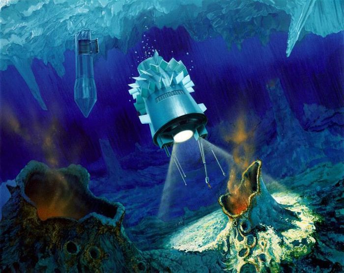 Artist's impression of a hypothetical ocean cryobot exploring potential hydrothermal vents on Europa. (Image Credit: NASA)