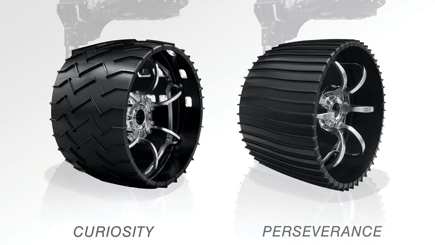 Curiosity's wheel (left) vs. Perseverance's wheel (right).