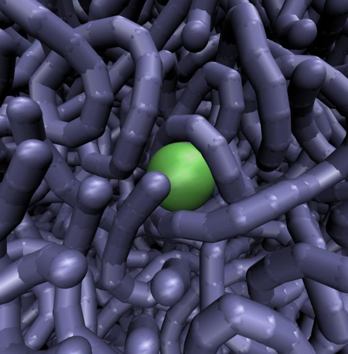 Naturally occurring DNA is in constant motion, researchers hypothesize, and transports large transcription factors (depicted in green) through its tangles until they reach sites where they bind and carry out their activity. Here a still image from a very large, unique simulation. / Credit: Georgia Tech / Edmond Chow / Jeff Skolnick