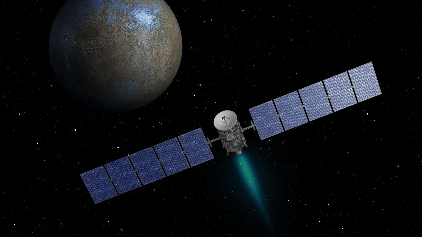 An artist's impression of the Dawn spacecraft at the dawrf planet Ceres.