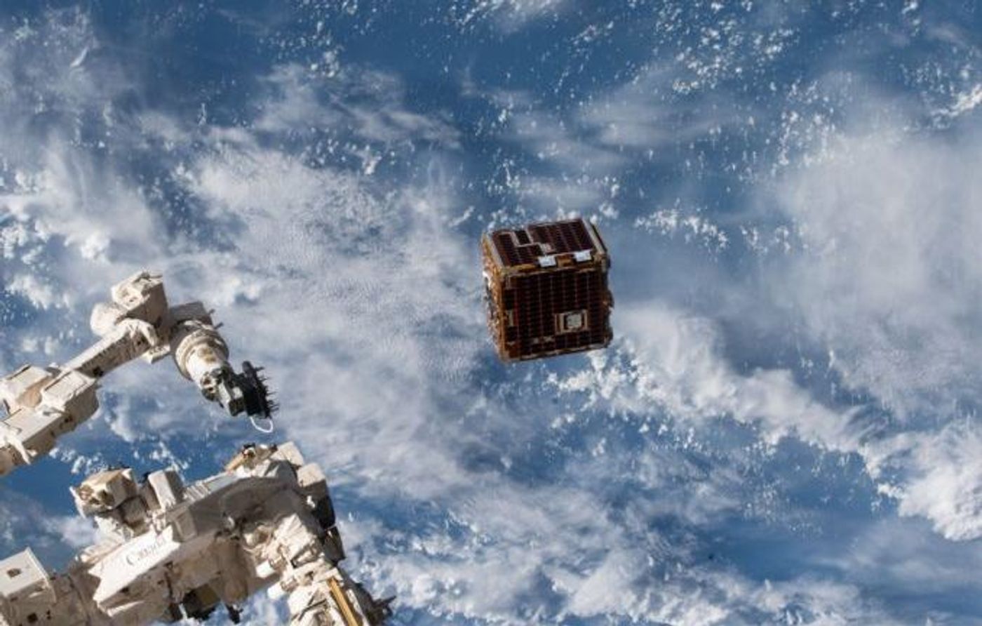 Here we see the RemoveDebris satellite ejecting from the International Space Station.