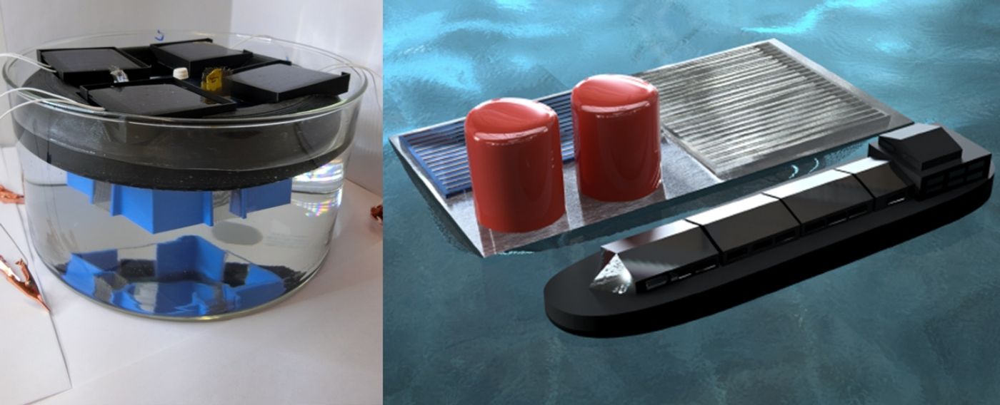 Left: photo of the stand-alone PV-electrolyzer prototype floating in a liquid reservoir of sulfuric acid. Right: rendering of a hypothetical large-scale 
