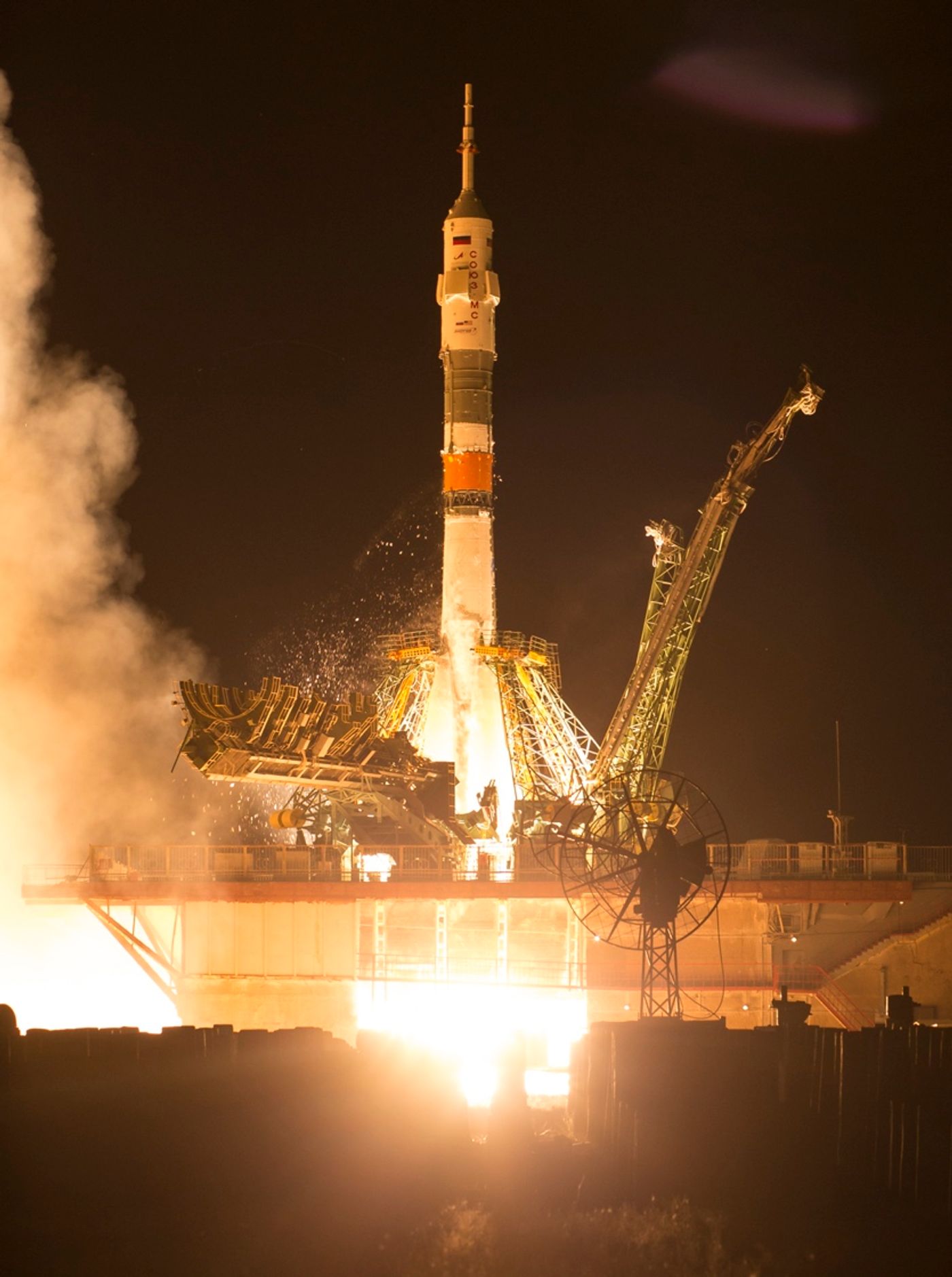 The Soyuz rocket as its engines ignited at the Baikonur Cosmodrome to deliver Expedition 60 to the International Space Station.