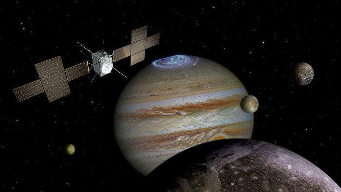 An artist's impression of the JUICE probe exploring the Jovian system.