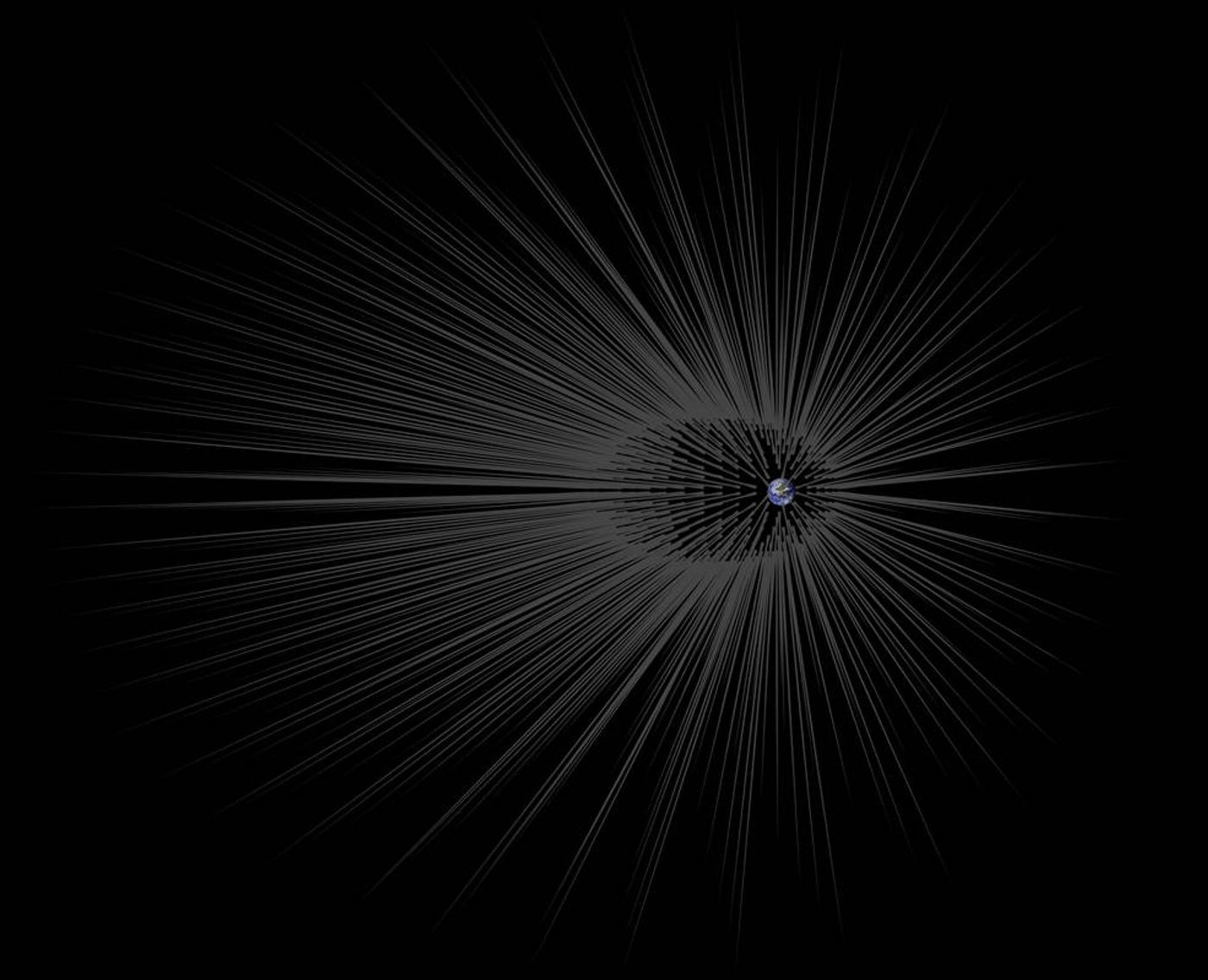 This illustration shows Earth surrounded by theoretical filaments of dark matter called "hairs." (Credit: NASA/JPL-Caltech)