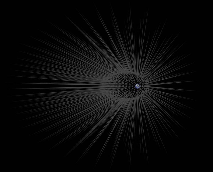 This illustration shows Earth surrounded by theoretical filaments of dark matter called "hairs." (Credit: NASA/JPL-Caltech)