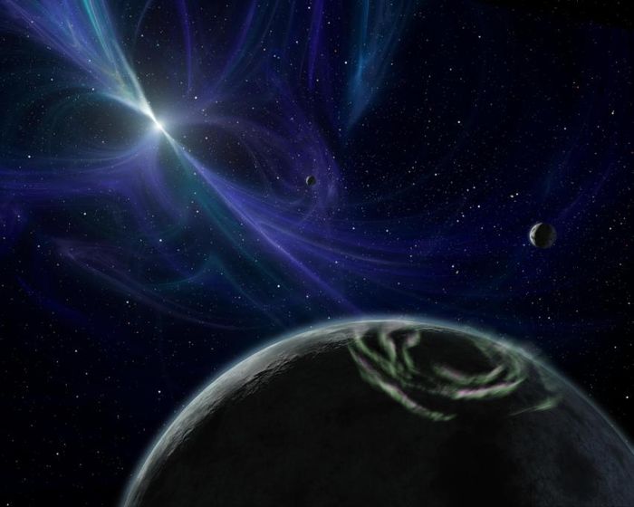 Artist impression of the pulsar-planet system PSR B1257+12 detected in 1992. The pulsar and three radiation-doused planets are all that remains of a dead star system. (Credit: NASA/JPL-Caltech)