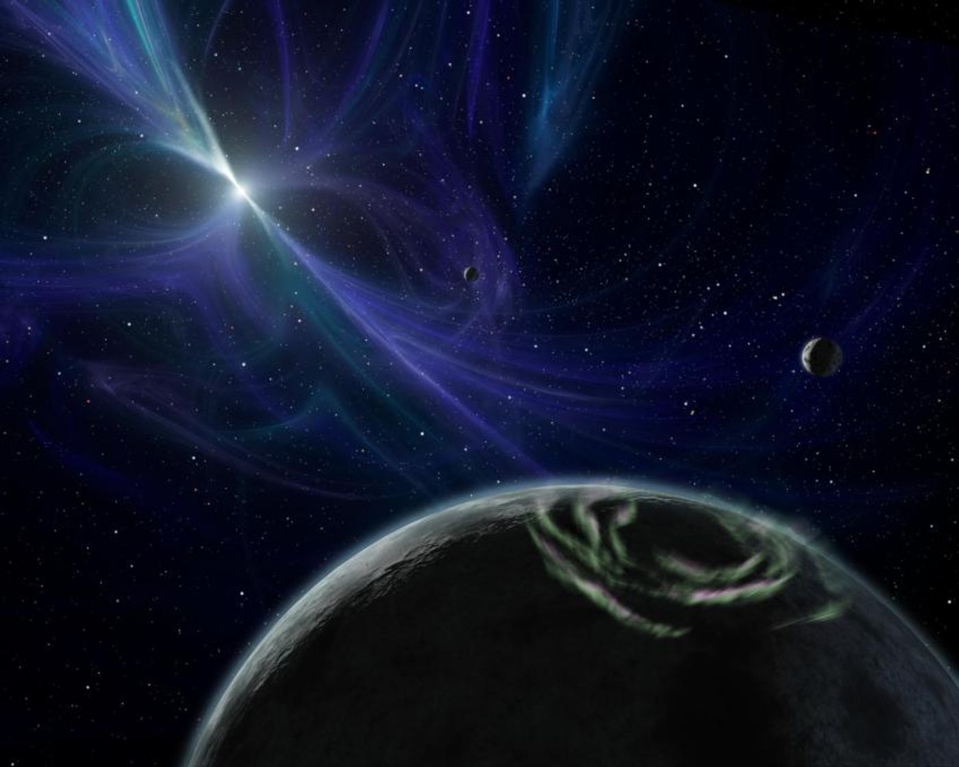 Artist impression of the pulsar-planet system PSR B1257+12 detected in 1992. The pulsar and three radiation-doused planets are all that remains of a dead star system. (Credit: NASA/JPL-Caltech)