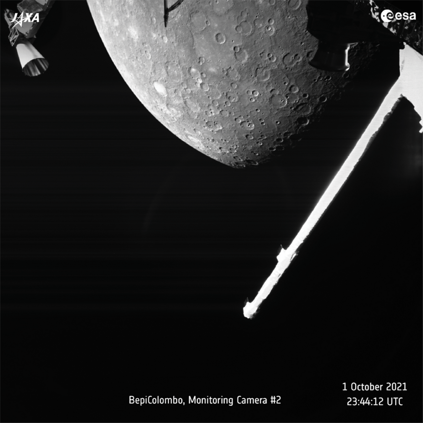 BepiColombo captured this view of Mercury's northern hemisphere on Oct. 1, 2021, as it flew past the planet for a gravity assist. Parts of the spacecraft also can be seen. Image Credit: ESA/BepiColombo/MTM, CC BY-SA 3.0 IGO