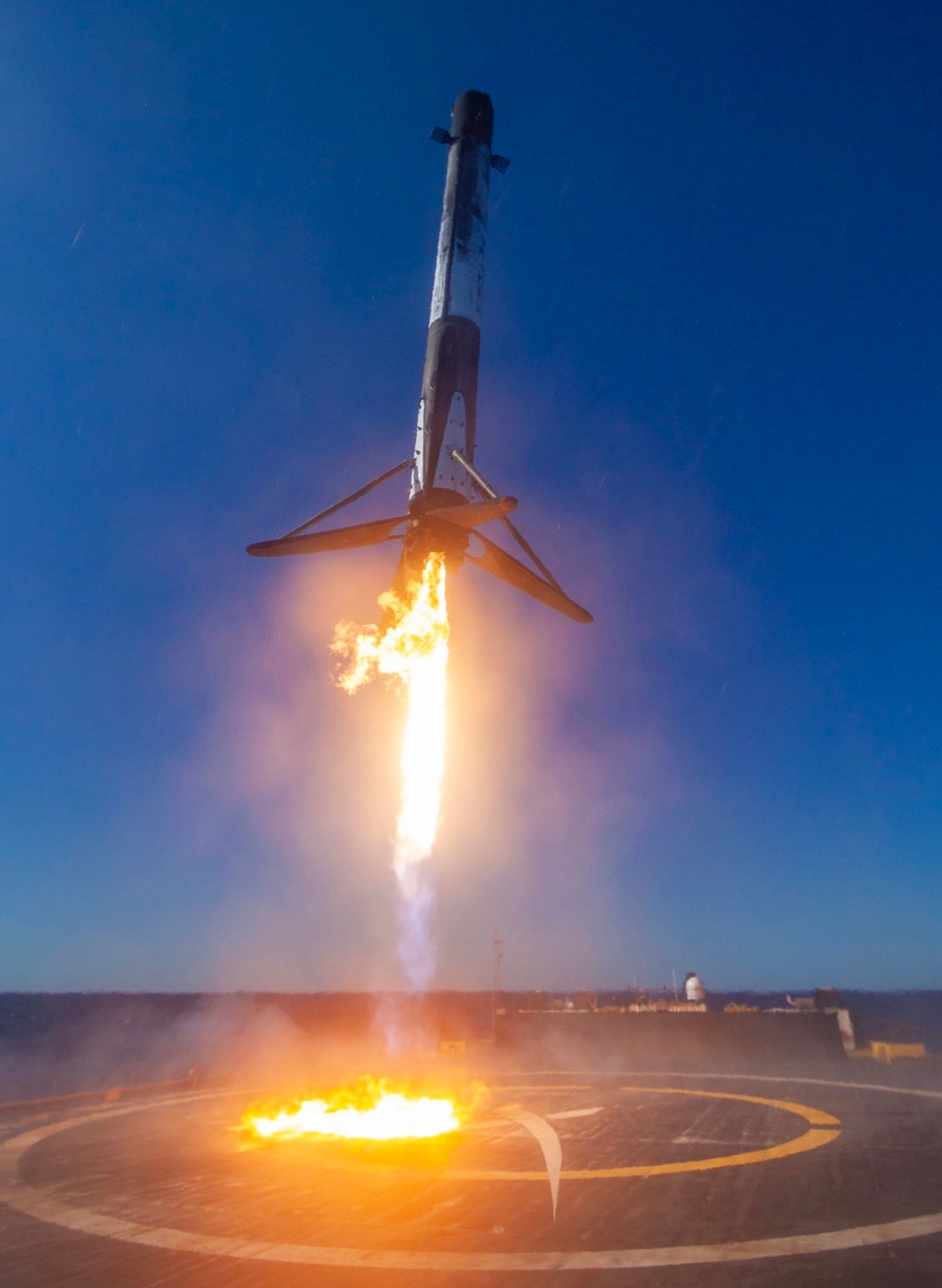 The Falcon 9 rocket returns to Earth to land upright on SpaceX's notorious drone ship.