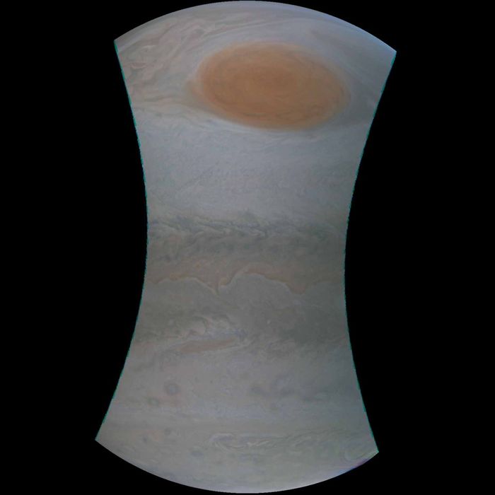 Jupiter's Great Red Spot is revealed in detail as the Juno probe flew directly over it.