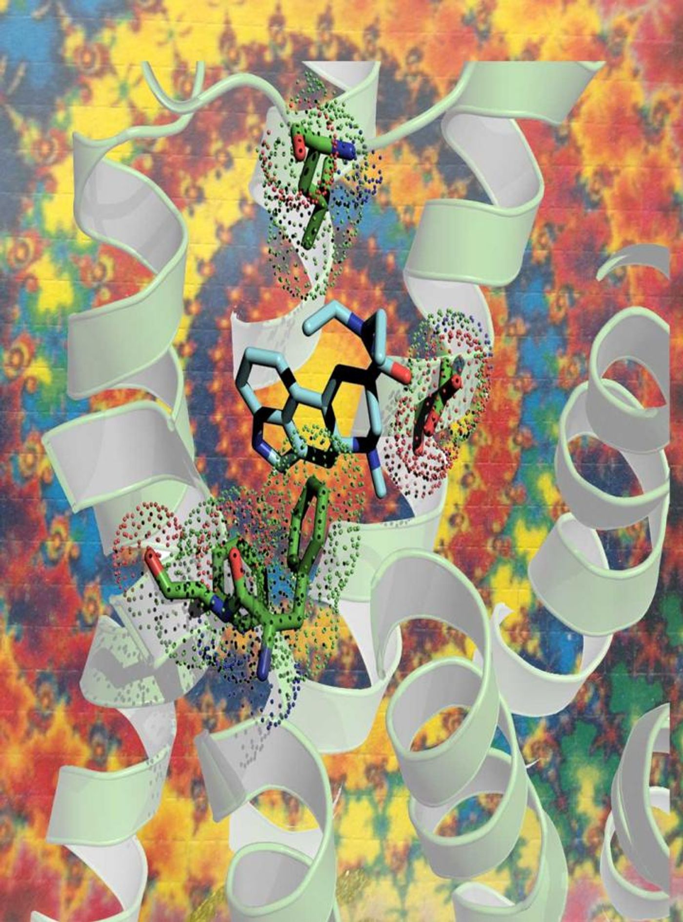 This image shows an artistic representation of LSD (in blue) fitting into a serotonin receptor (the white ribbon). / Credit: Bryan Roth