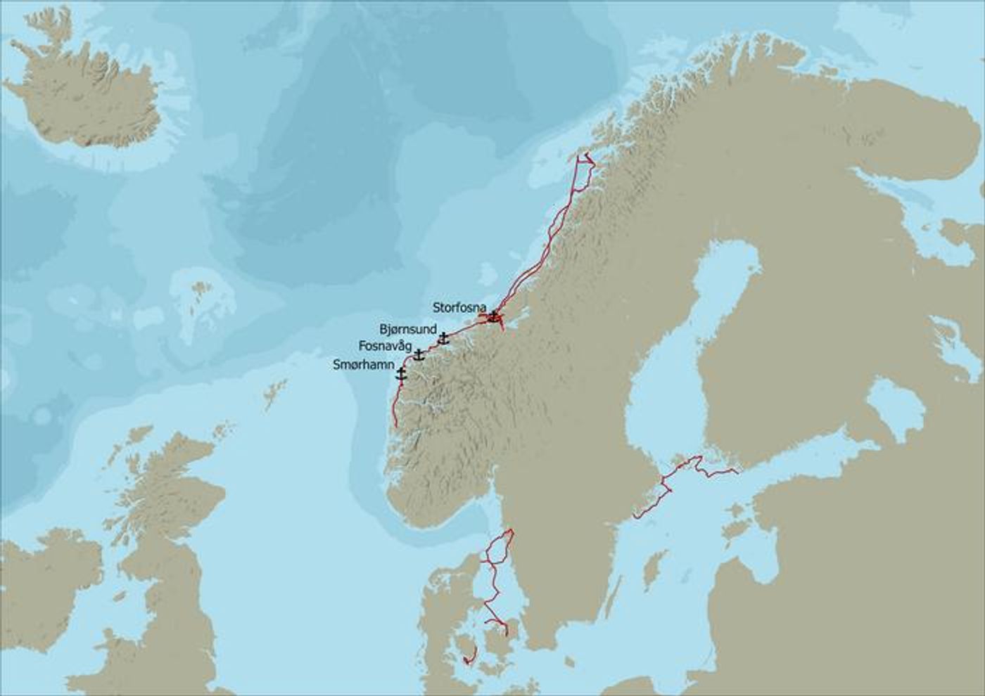 The sailing voyages made by Greer Jarrett during the research project. The image also shows the four possible Viking harbours identified by Jarrett.  Credit  Greer Jarrett