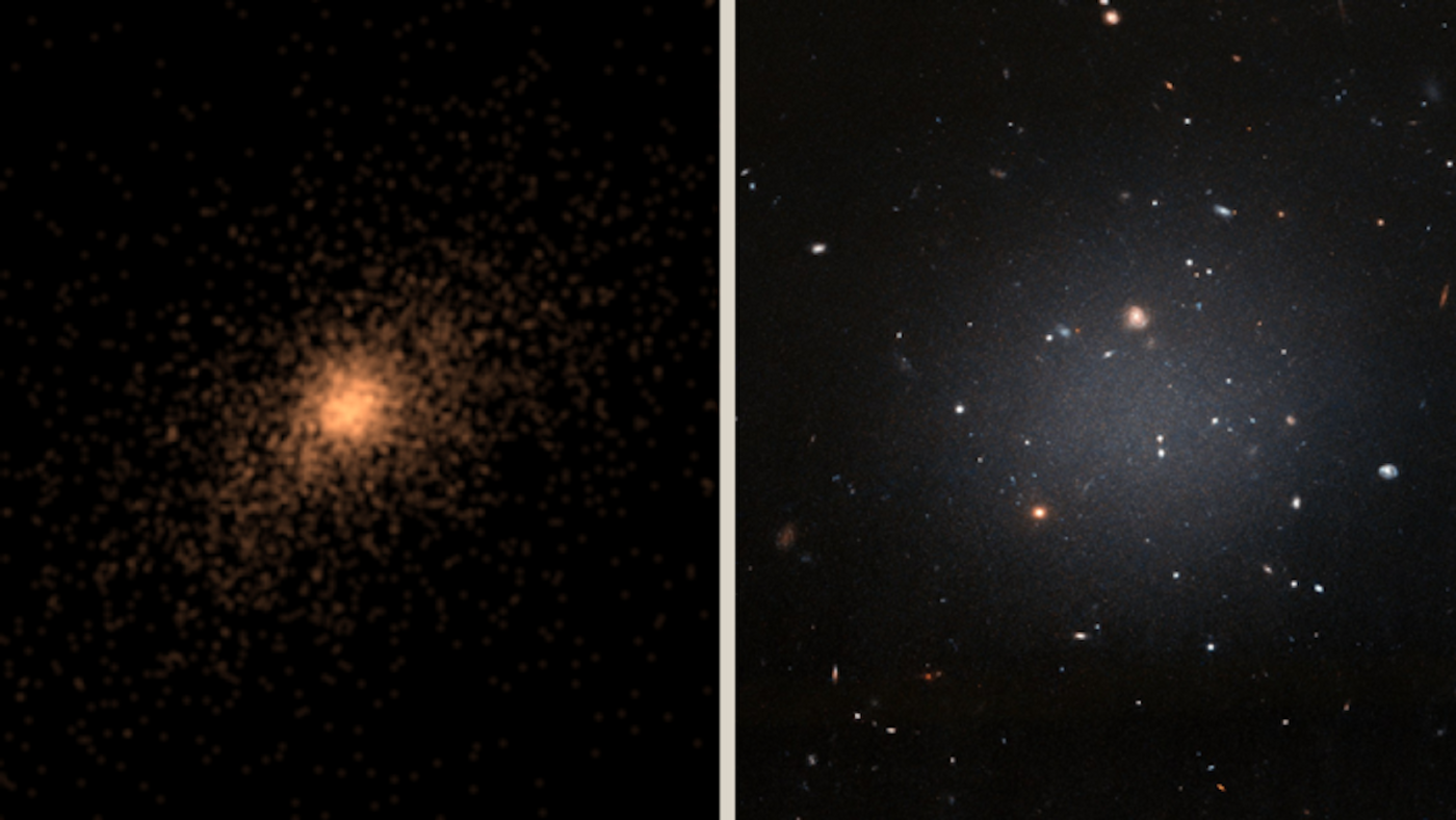 On the left, one of the ultra-diffuse galaxies that was analyzed in the simulation. On the right, the image of the DF2 galaxy, which is almost transparent. / Credit  ESA/Hubble.
