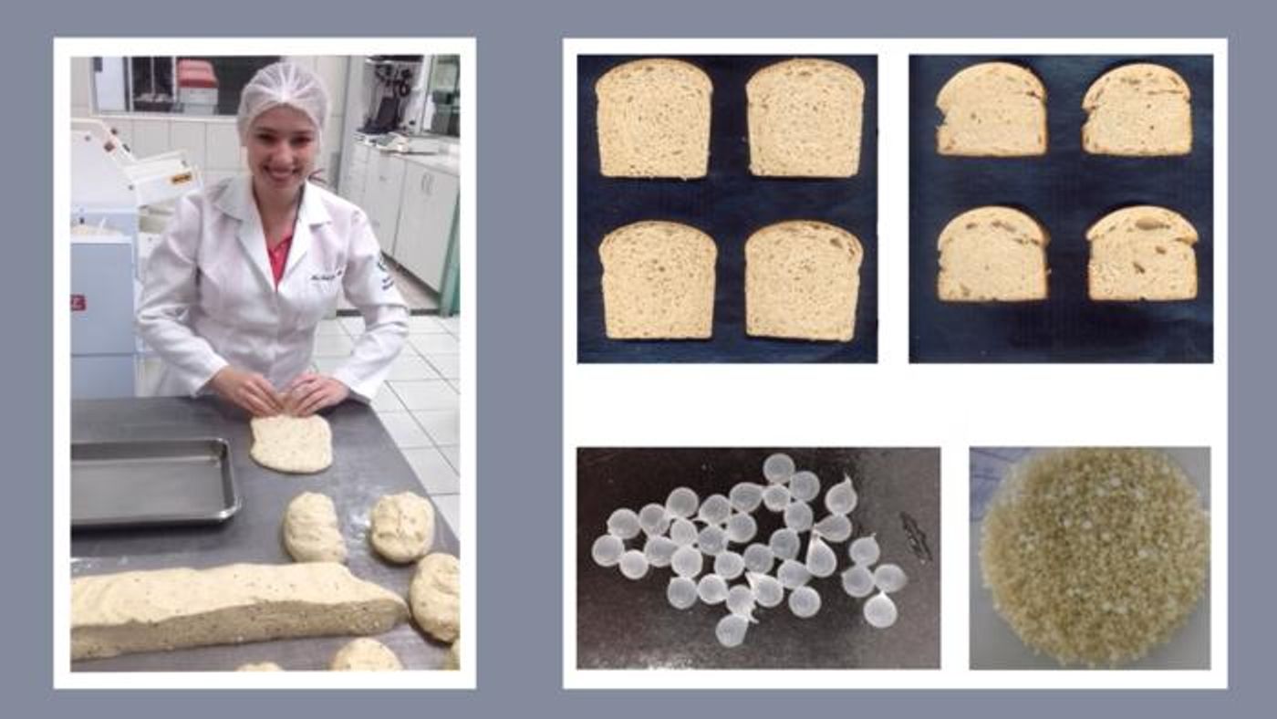 Researcher Ana Paula Carvalho (left) making dough enriched with microcapsules of S. cerevisiae UFMG A-905 (bottom right) Credit:: Ana Paula Carvalho