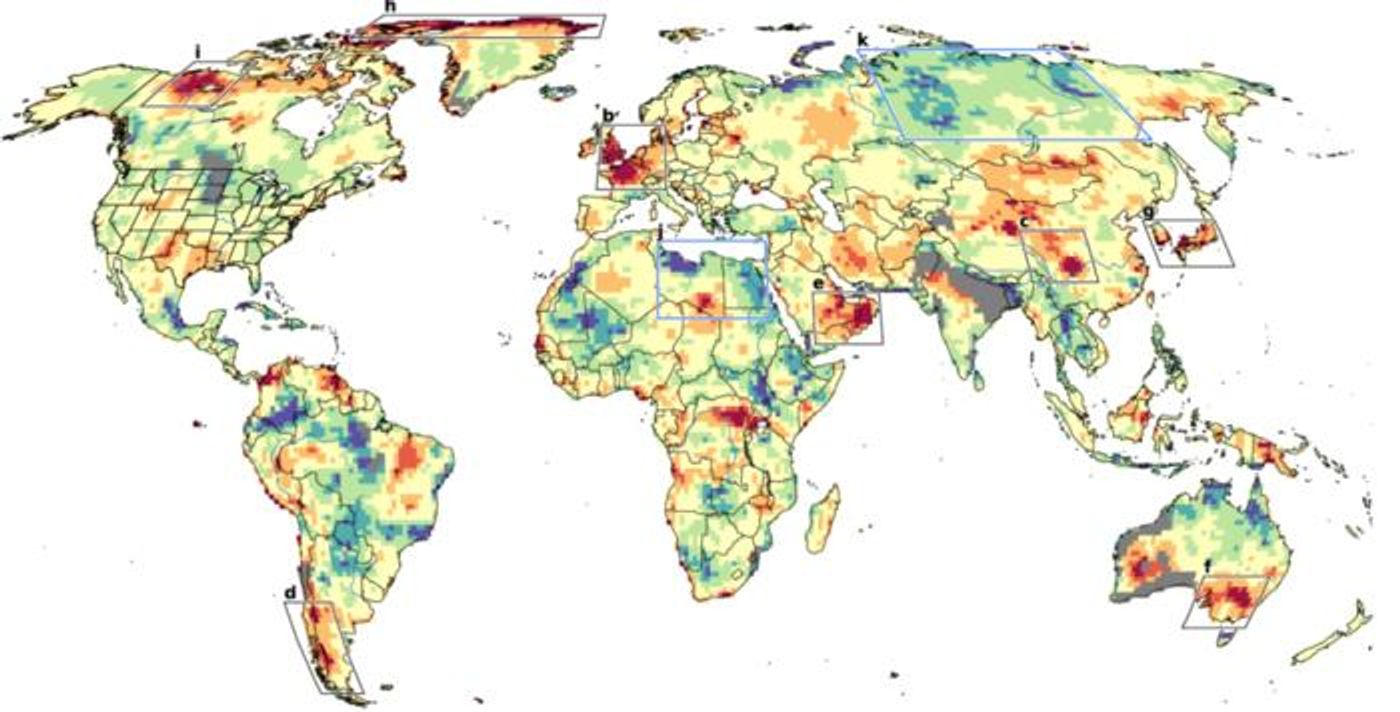 Regions where observed heat waves exceed trends from climate models. Boxed areas with the darkest red colors are the most extreme; lesser reds and oranges exceed models, but not by as much. Yellows roughly match models, while greens and blues are below what models would project.   Credit  Adapted from Kornhuber et al., PNAS 2024