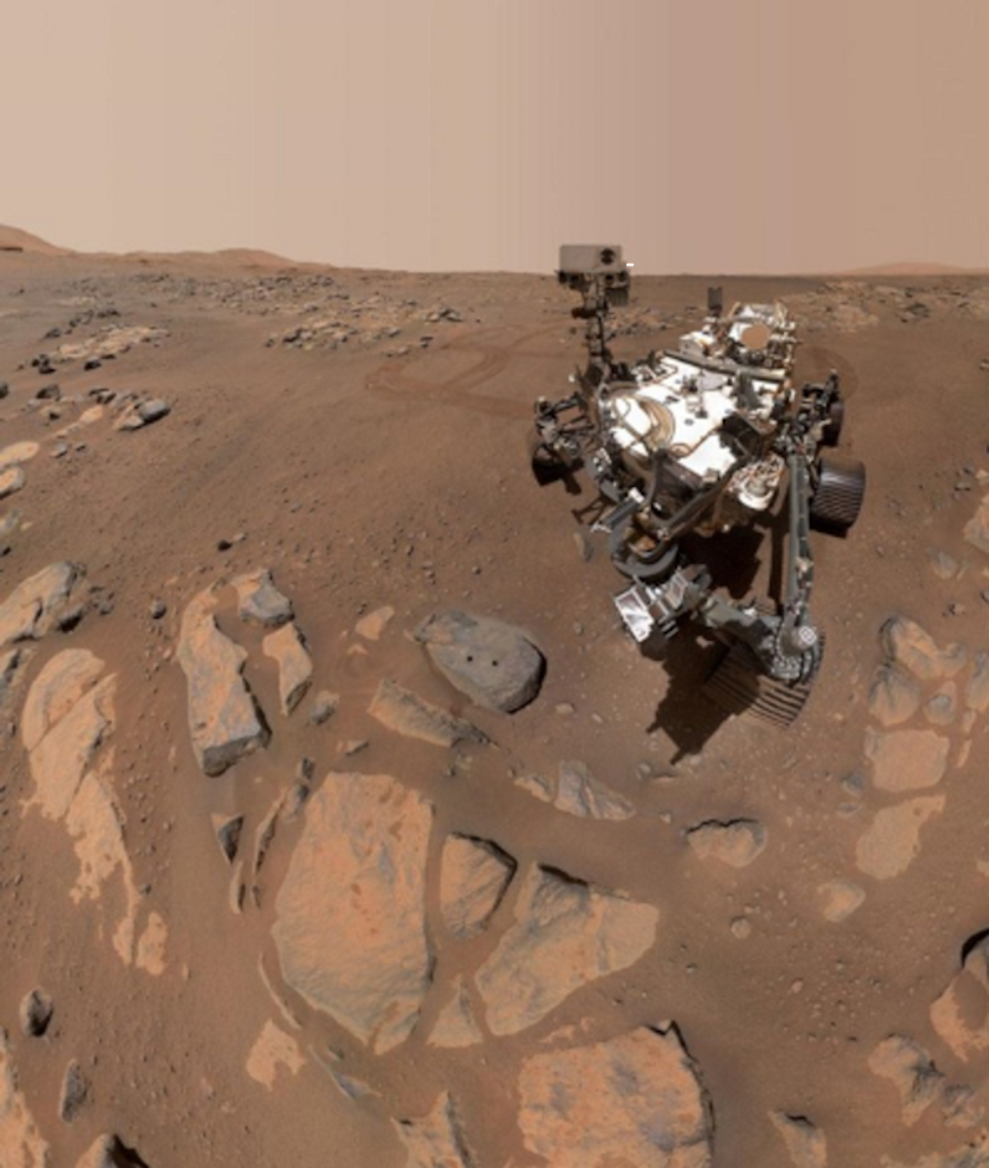 Perseverance rover taking a selfie over the rock it collected two core samples from on Mars. /  Image credit: NASA/JPL-Caltech/MSSS.