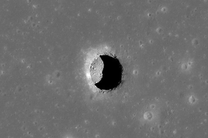 A lava pit in Mare Tranquillitatis on the Moon that was found to maintain a moderate temperature of 63°F (17°C). Pits like this could prove beneficial for future lunar astronauts. (Credit: NASA/Goddard Space Flight Center/Arizona State University/UCLA)