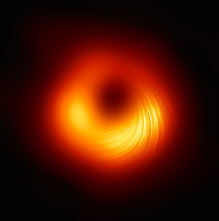 The first black hole ever imaged, now seen in polarized light, marking the magnetic field around the shadow of the black hole.