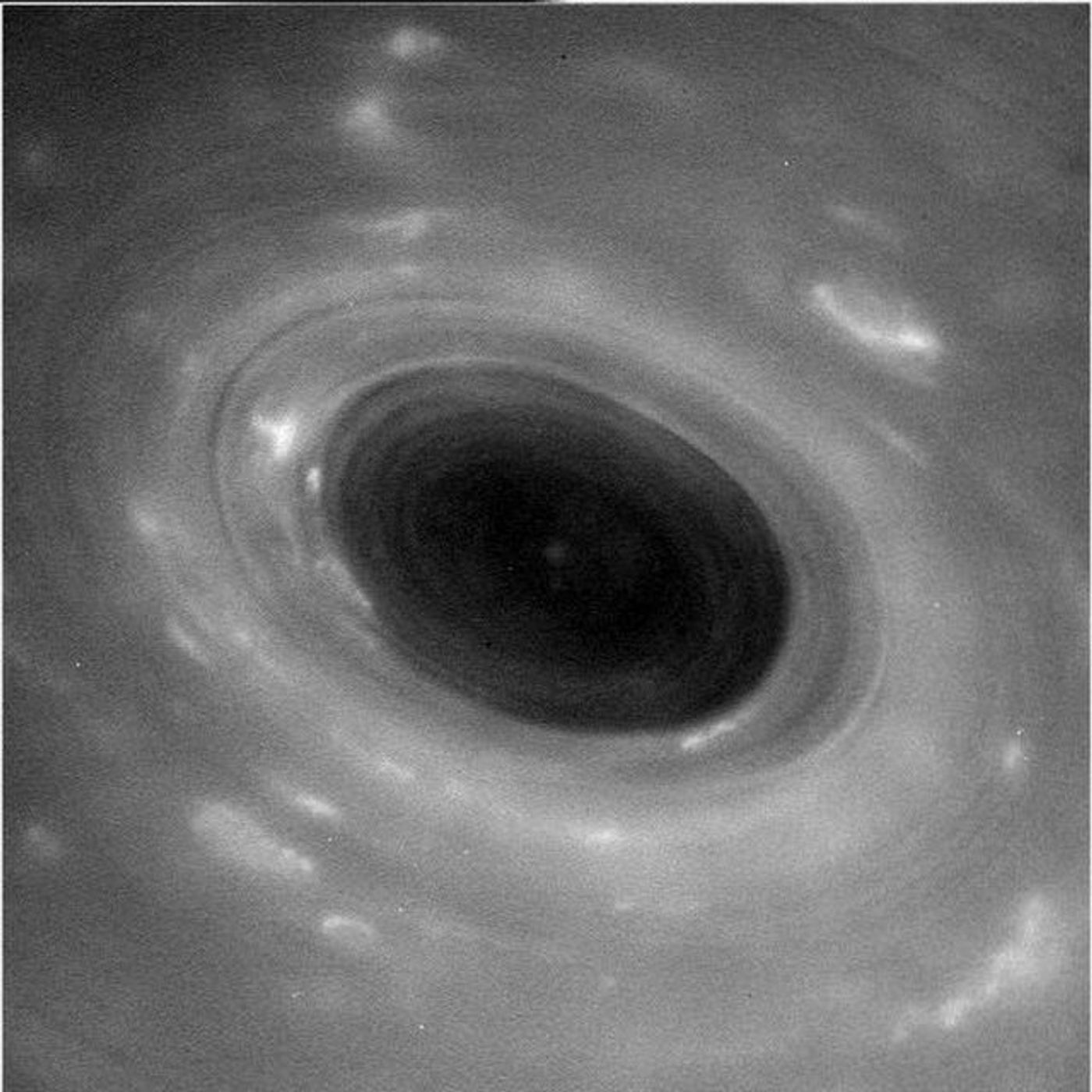 Saturn has its own raging storm similar to Jupiter's Great Red Spot, and Cassini grabbed this image of it during its flyby mission.