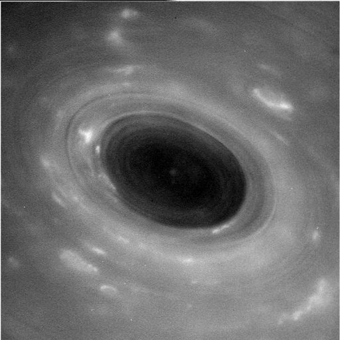 Saturn has its own raging storm similar to Jupiter's Great Red Spot, and Cassini grabbed this image of it during its flyby mission.