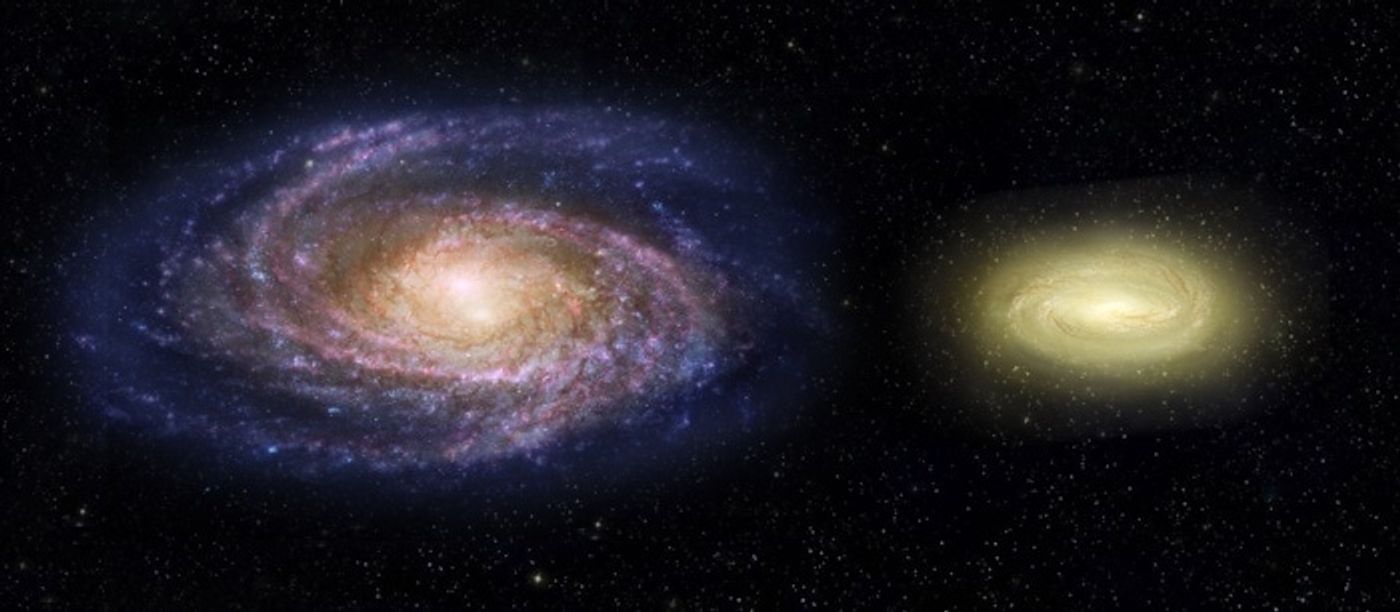 An artist's impression of the Milky Way (left) compared to MACS2129-1 (right).