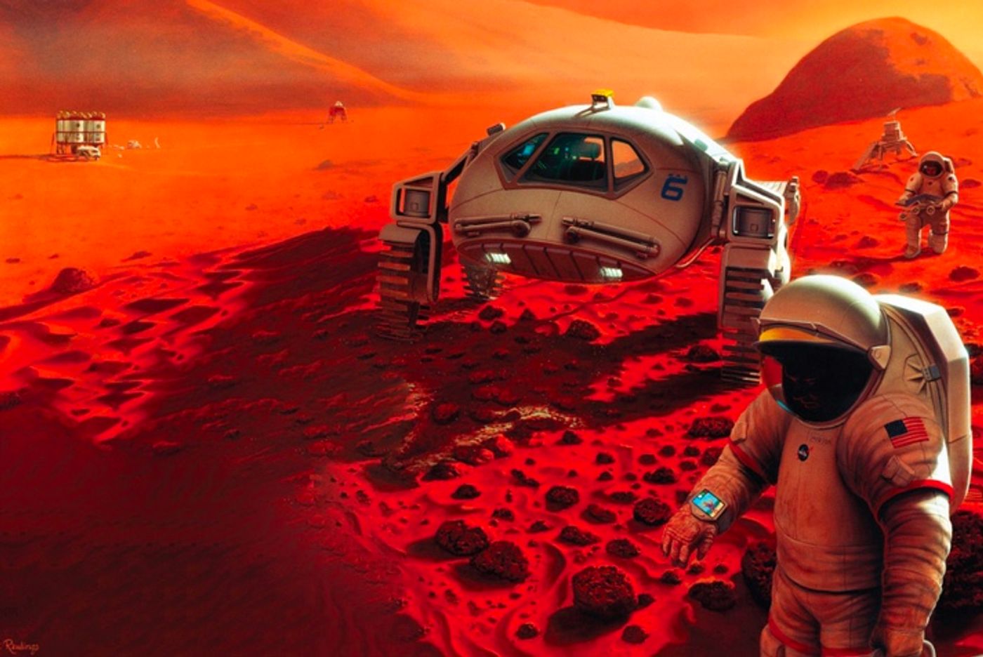 An artist's impression of astronauts walking on Mars.