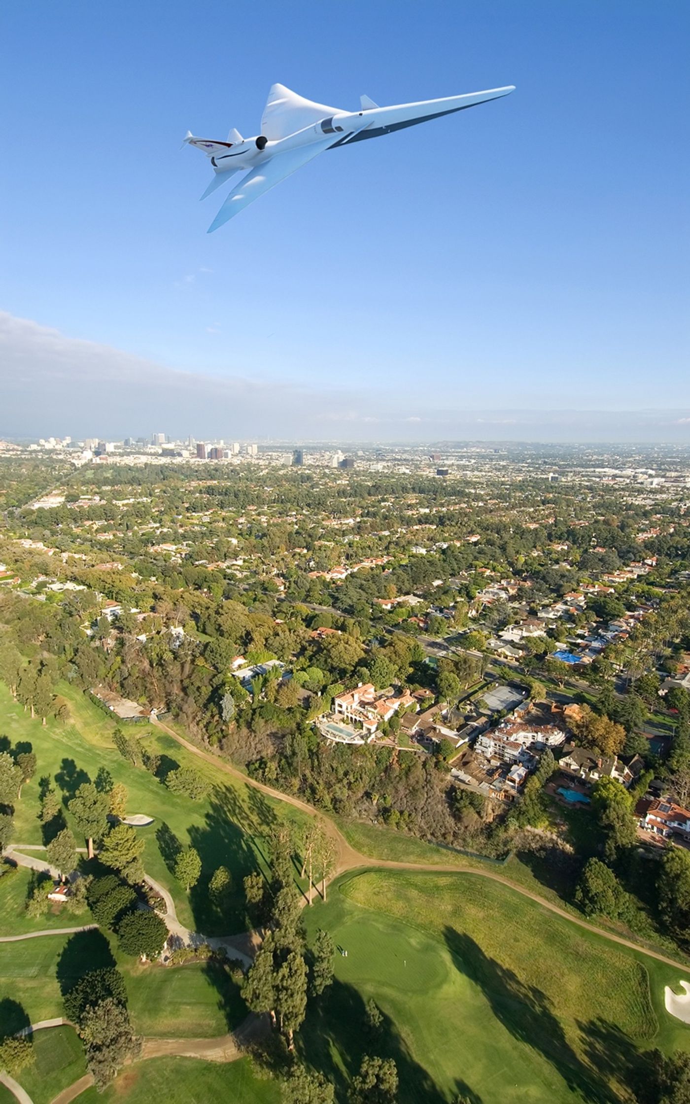 An artist's impression of NASA's low-boom X-Plane flying over a typical town.