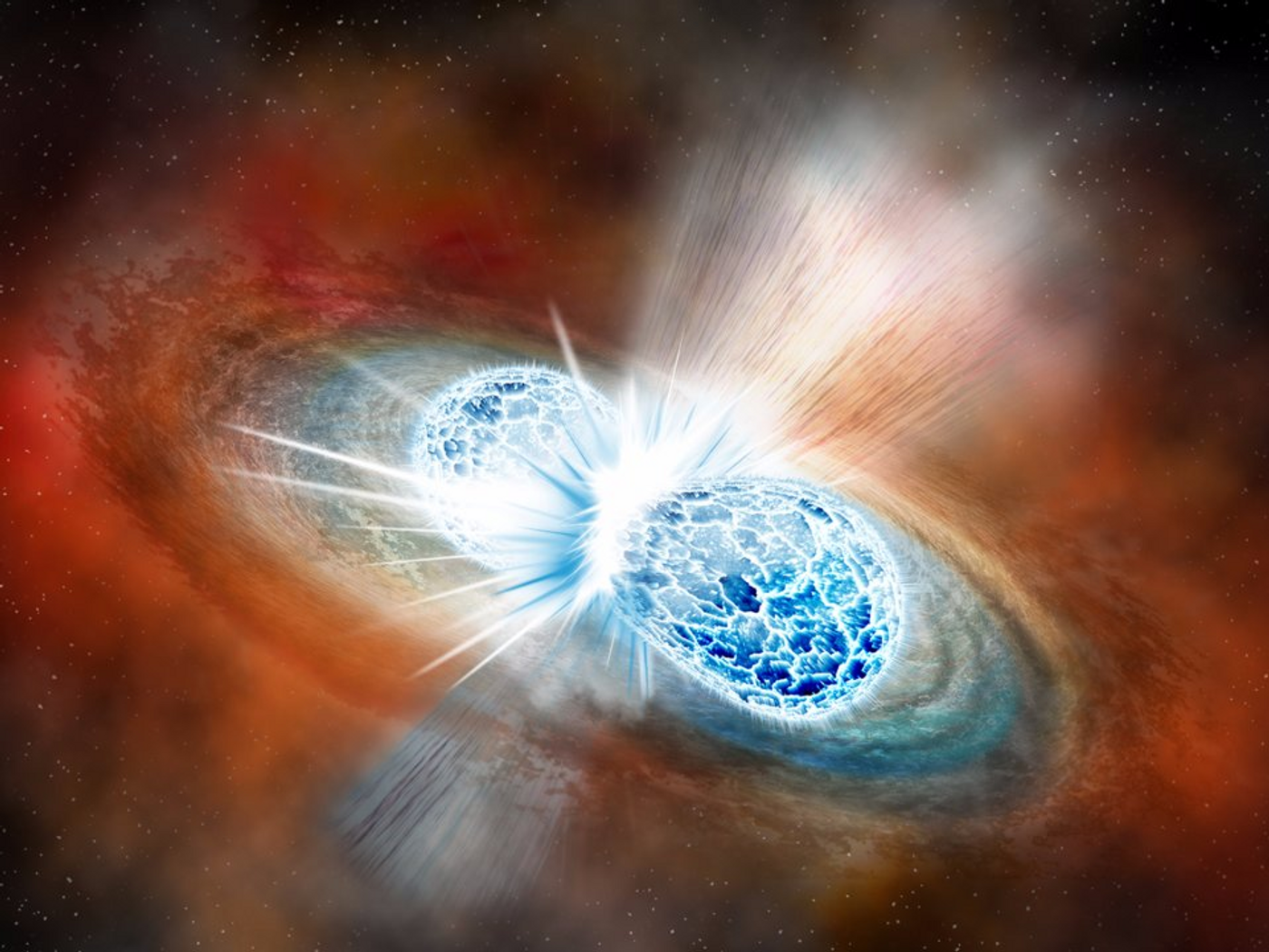 An artistic impression of two merging neutron stars (NASA)