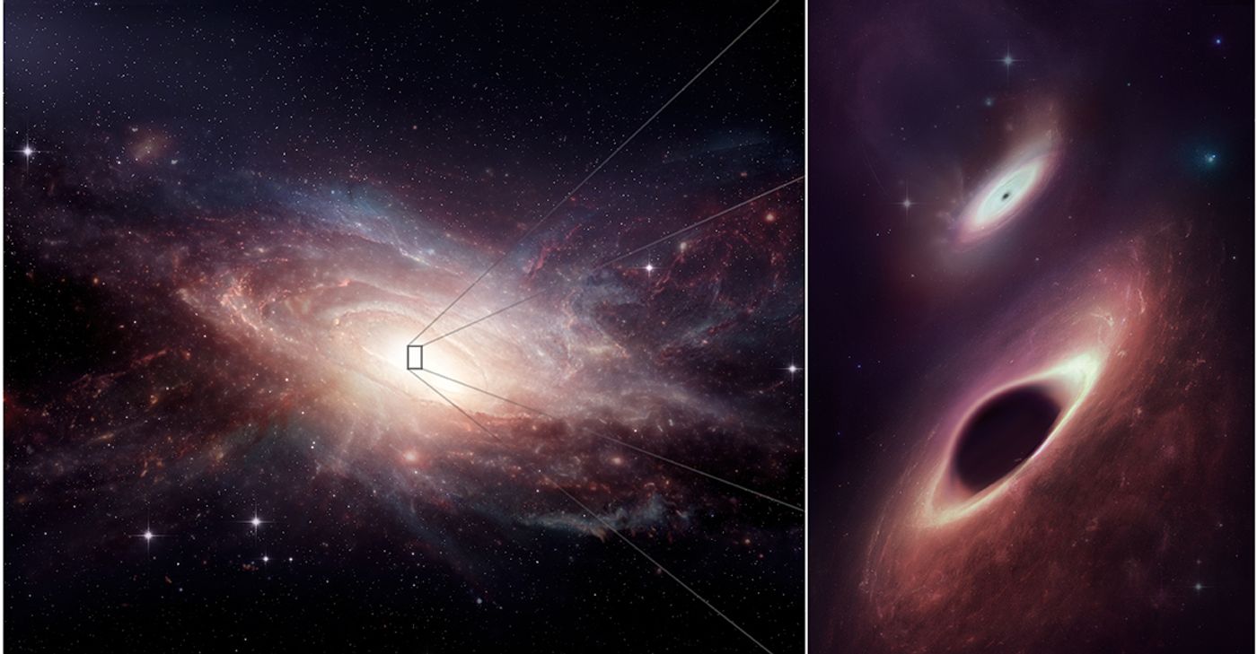 This is an artist's conception of the late-stage galaxy merger and its two central black holes, which are the closest separation binary black holes to have ever been observed in multiple wavelengths. Credit: ALMA (ESO/NAOJ/NRAO); M. Weiss (NRAO/AUI/NSF)