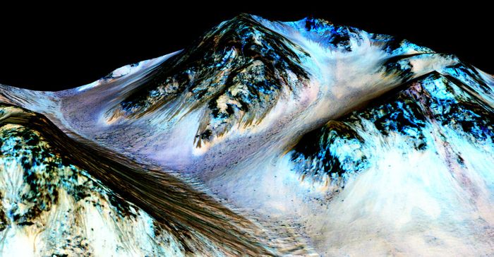A secondary look at the RSL flowing downhill on Mars, said to be formed by contemporary flowing water.