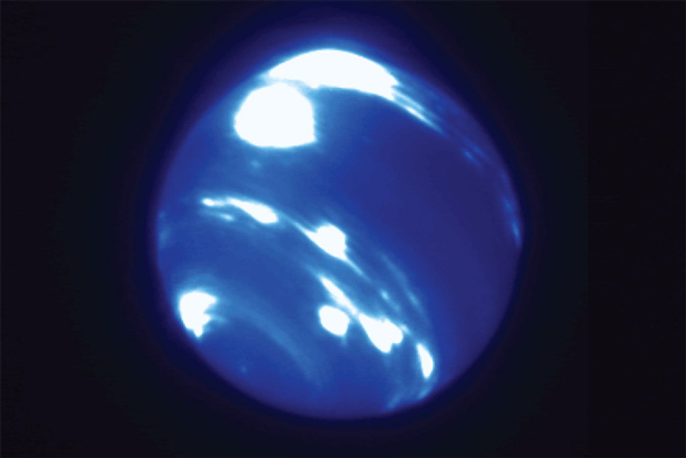 A enlarged image of the low-latitude storm found on Neptune.