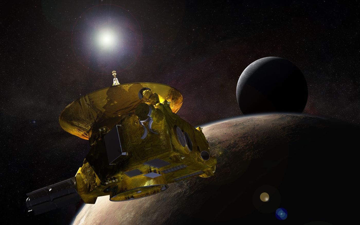 An artist's rendition of the New Horizons spacecraft in space.