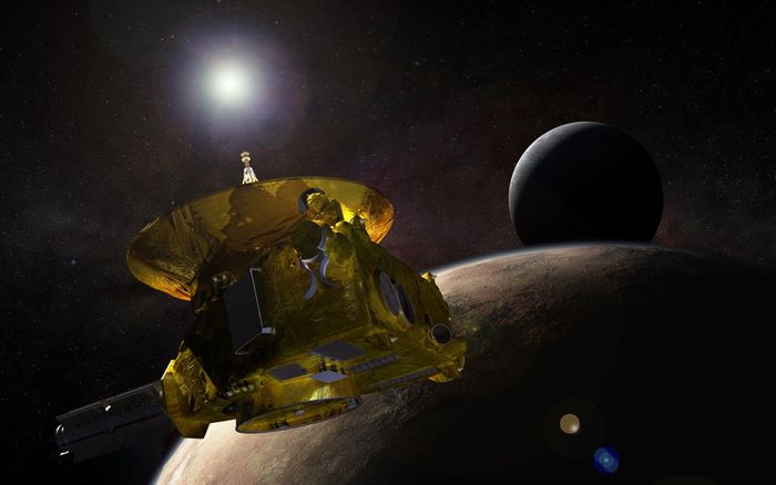 An artist's rendition of the New Horizons spacecraft in space.