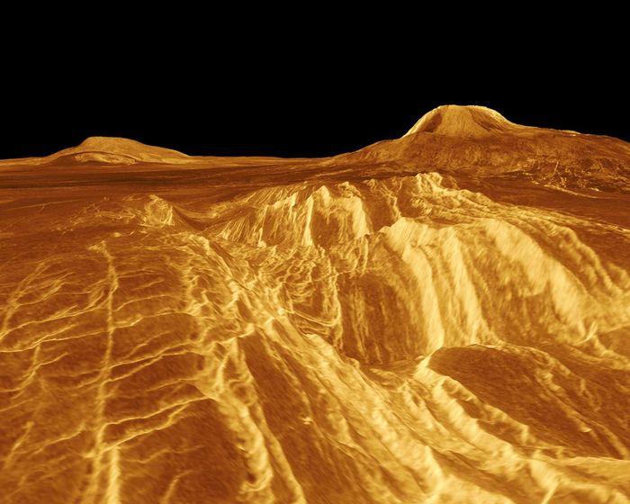 A portion of western Eistla Regio is shown in this 3D, computer-generated view of the surface of Venus. / Credit: This image was produced at the NASA Jet Propulsion Lab's Multimission Image Processing Laboratory by Eric De Jong, Jeff Hall and Myche McAuley