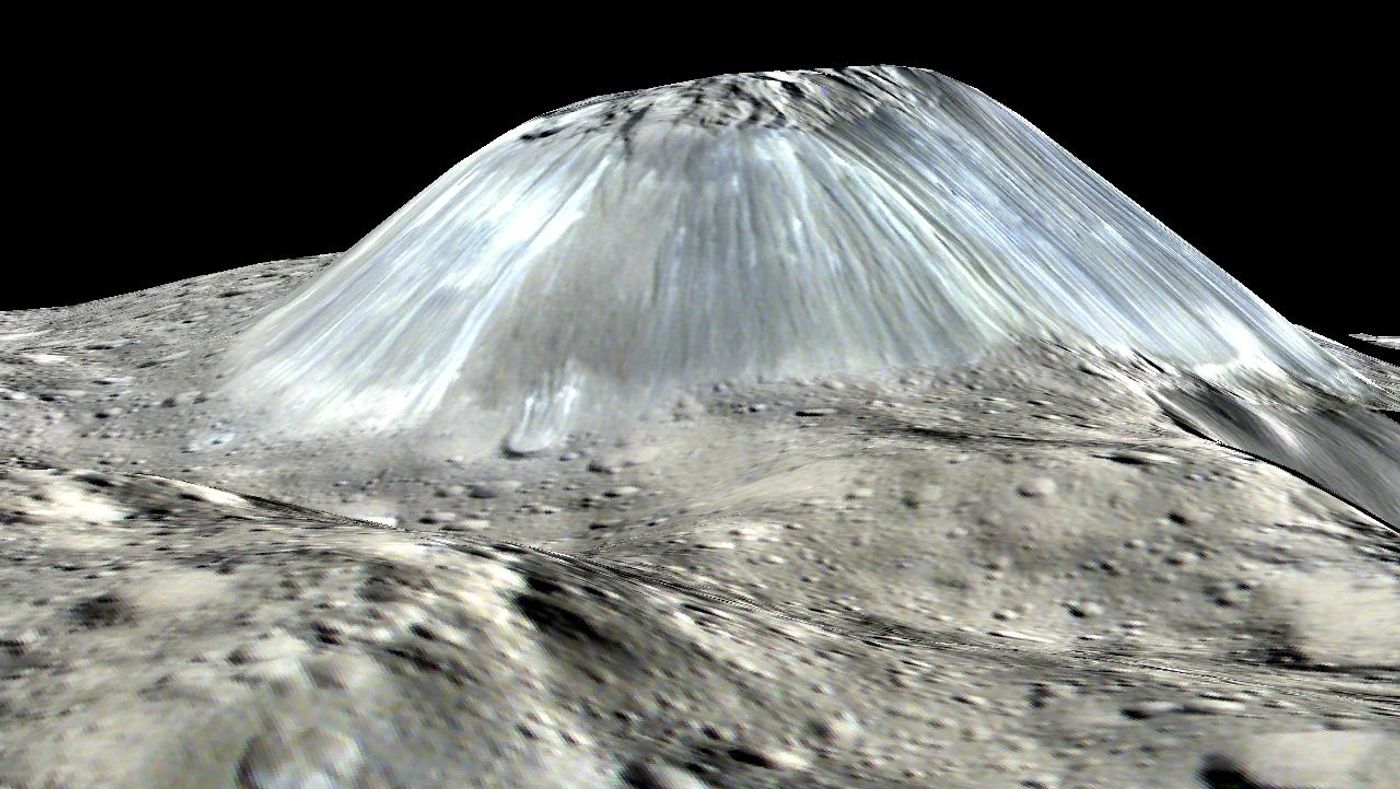 A simulated image showing the ice volcano Ahuna Mons on Ceres.