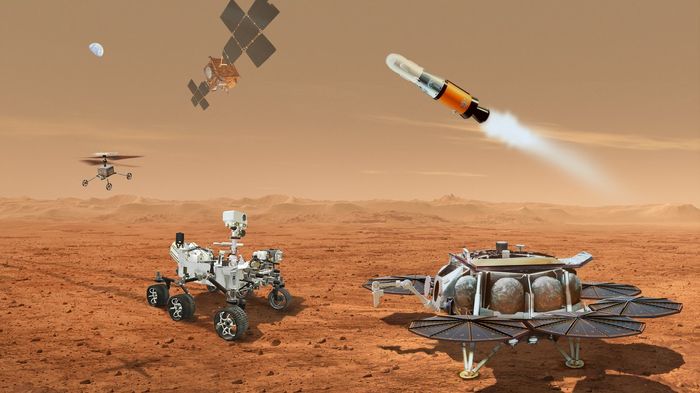 An artist's illustration of multiple robots that will work together to collect samples from Mars and bring them back to Earth. Credit: NASA/JPL-Caltech