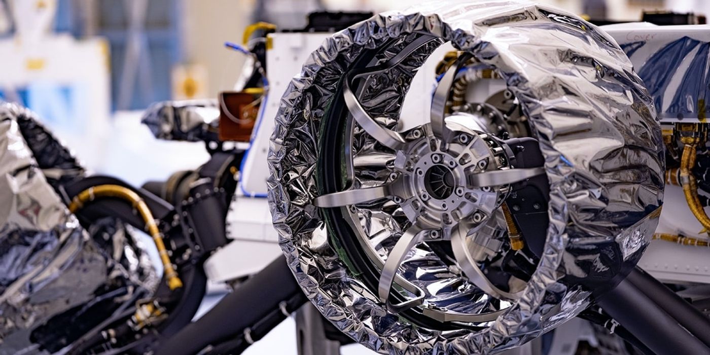 A close up of the rover's covered wheel.