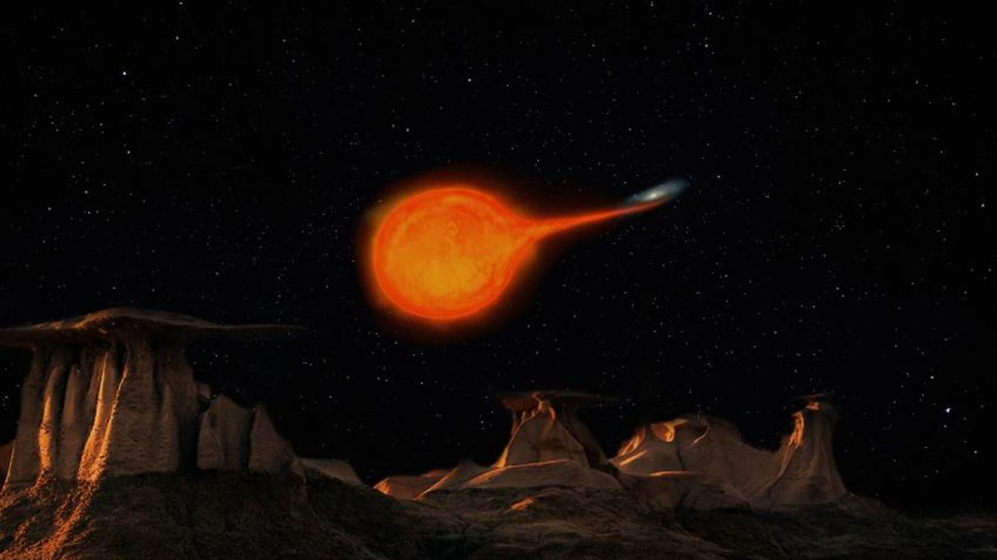 This is an artist's impression of a Cataclysmic Variable system, as viewed from the surface of an orbiting exoplanet. Credit: Departamento de Imagen y Difusion FIME-UANL/Lic. Debahni Selene Lopez Morales D.R. 2022