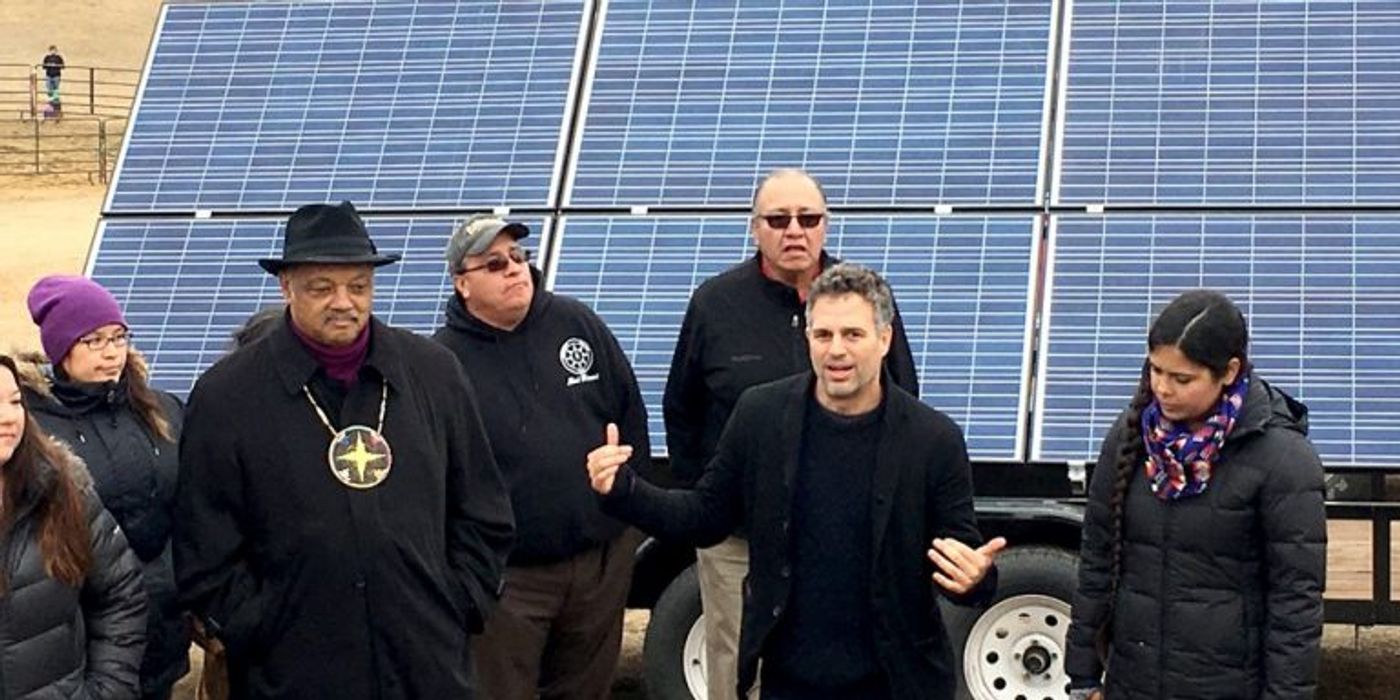 Ruffalo with tribal leaders. Photo: Jon Wank, The Solutions Project