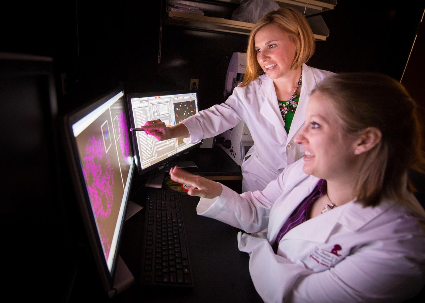 This image shows first author Angela Arensdorf, Ph.D., and corresponding author Stacey Ogden, Ph.D., an associate member of the St. Jude Department of Cell and Molecular Biology. / Credit: Peter Barta / St. Jude Children's Research Hospital
