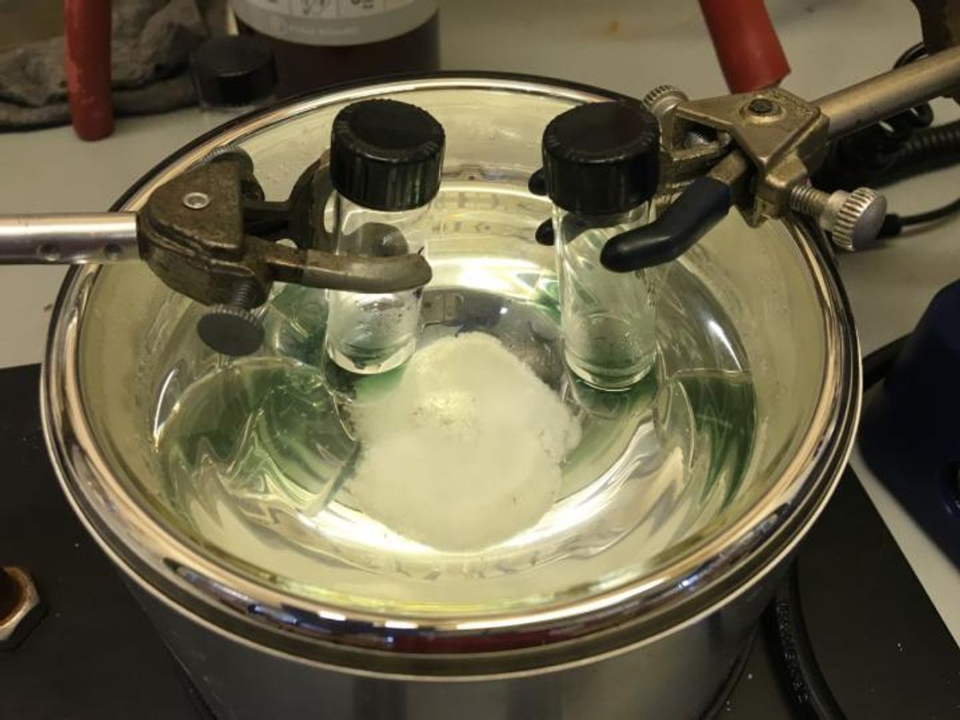 Upon mixing the reactants (copper + ligand + hydrogen peroxide + carbon-hydrogen substrate) the starting colorless solution turns green-blue, indicating that an oxidative process is occurring. (SMU)