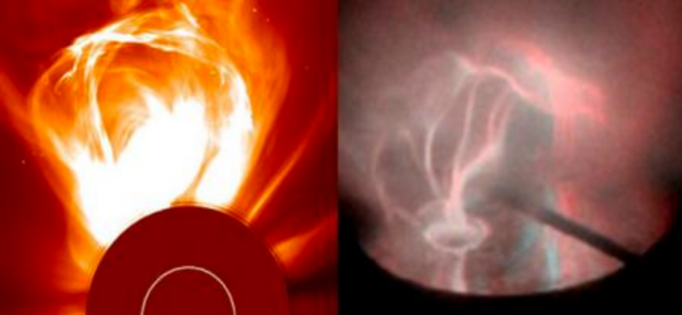 The real thing (left) compared to the lab simulated coronal loops (right).