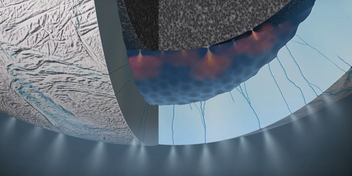 Hydrothermal vents at the bottom of the subsurface ocean may help heat the waters underneath the icy surface.