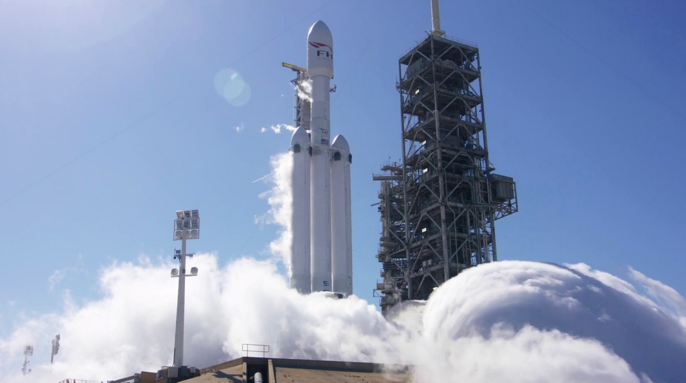 SpaceX's Falcon Heavy rocket during a static fire test.